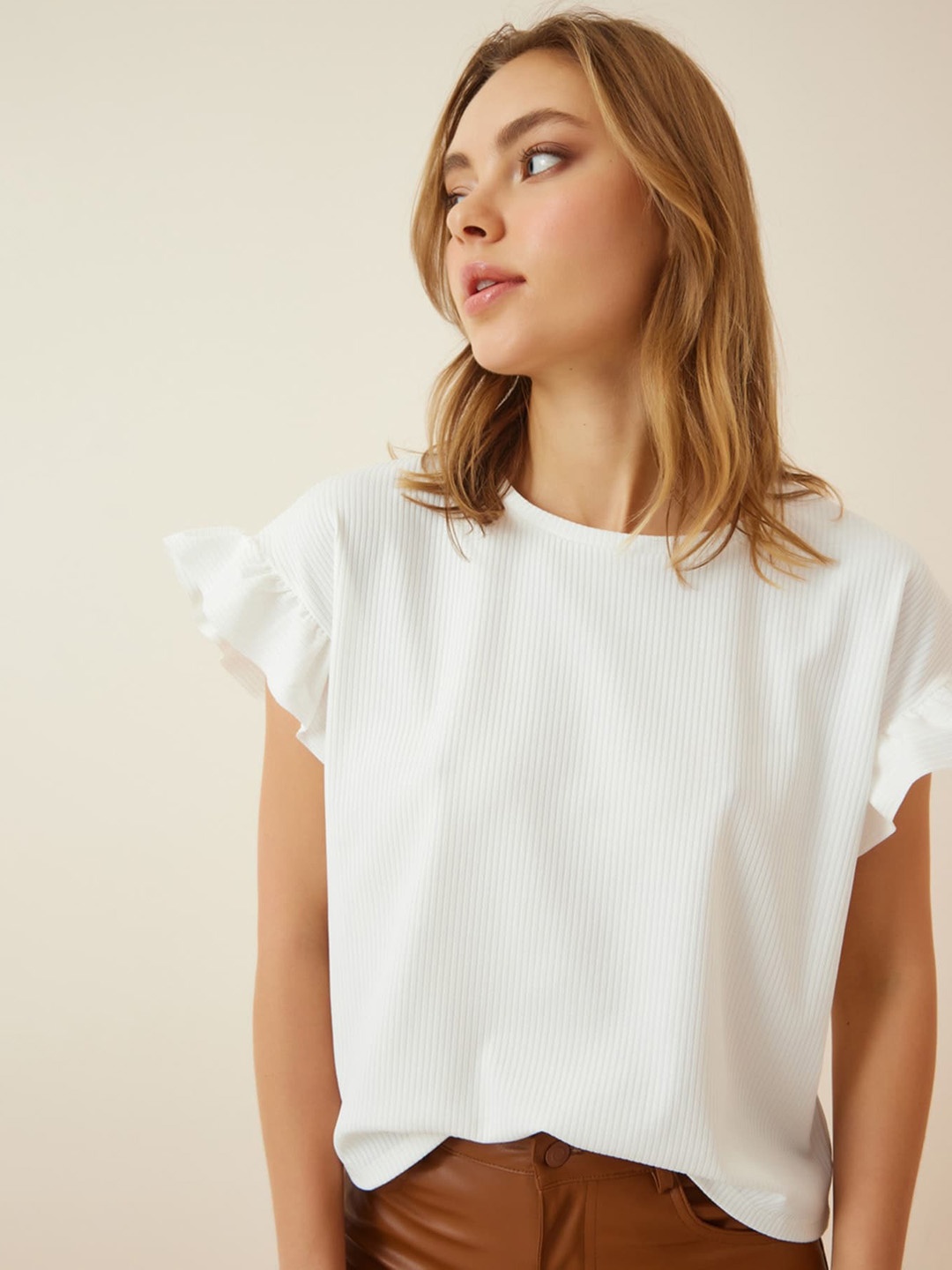 

Happiness istanbul Self Design Striped Extended Sleeves Regular Top, White