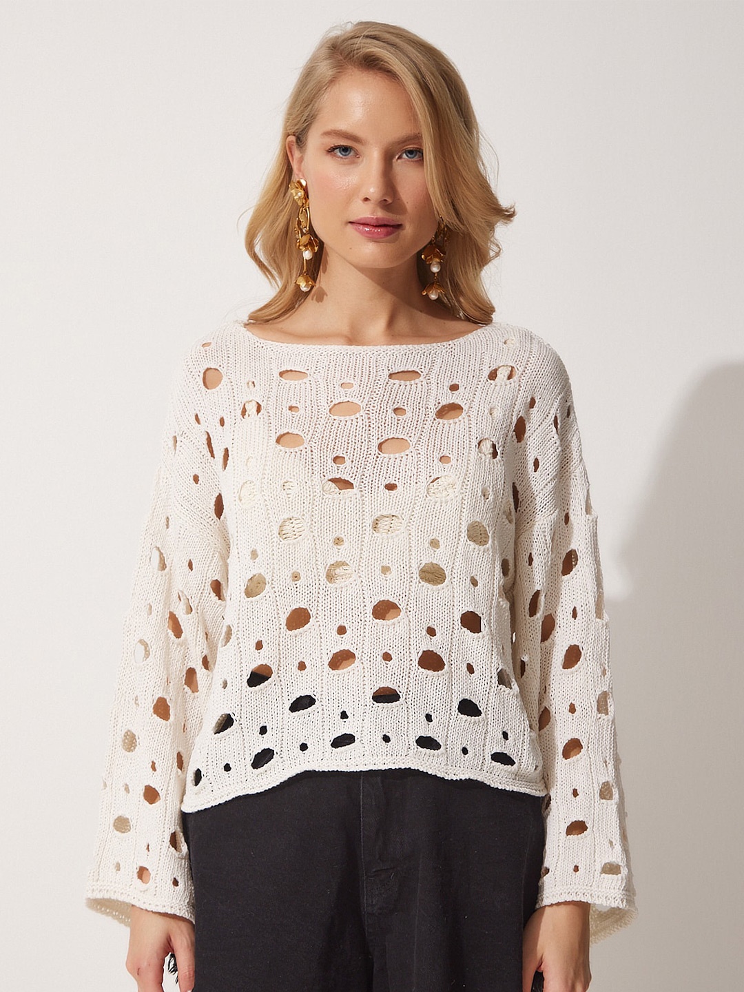 Happiness istanbul Self Design Drop-Shoulder Sleeves Semi Sheer Top, White