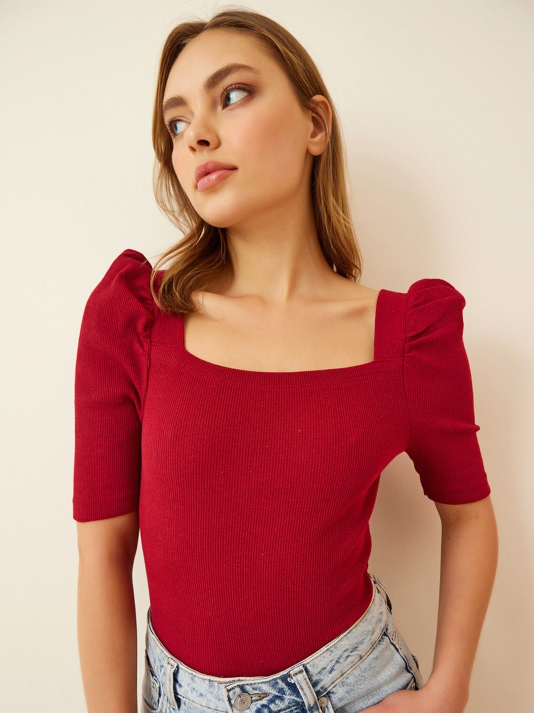 Happiness istanbul Puff Sleeves Cotton Lycra Fitted Top, Maroon