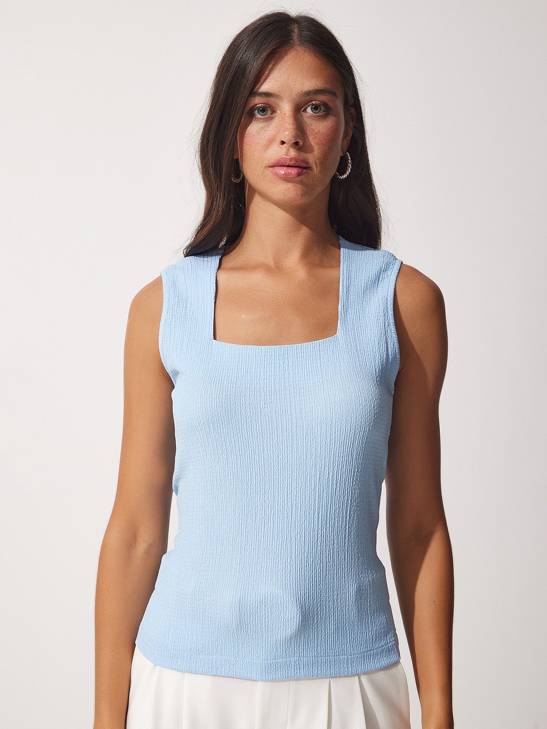 

Happiness istanbul Self Design Square Neck Sleeveless Cotton Top, Blue