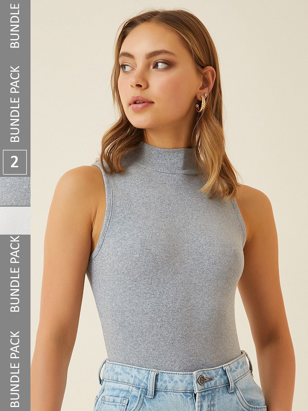

Happiness istanbul Pack Of 2 High Neck Sleeveless Fitted Cotton Tops, Grey