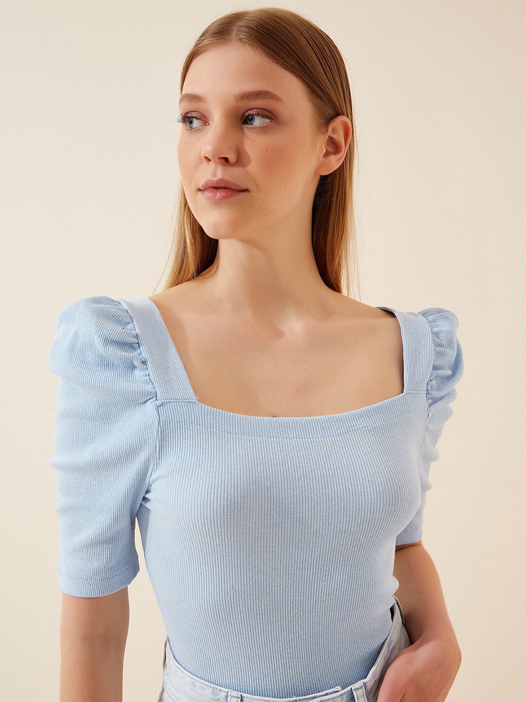 

Happiness istanbul Ribbed Puff Sleeves Fitted Top, Blue