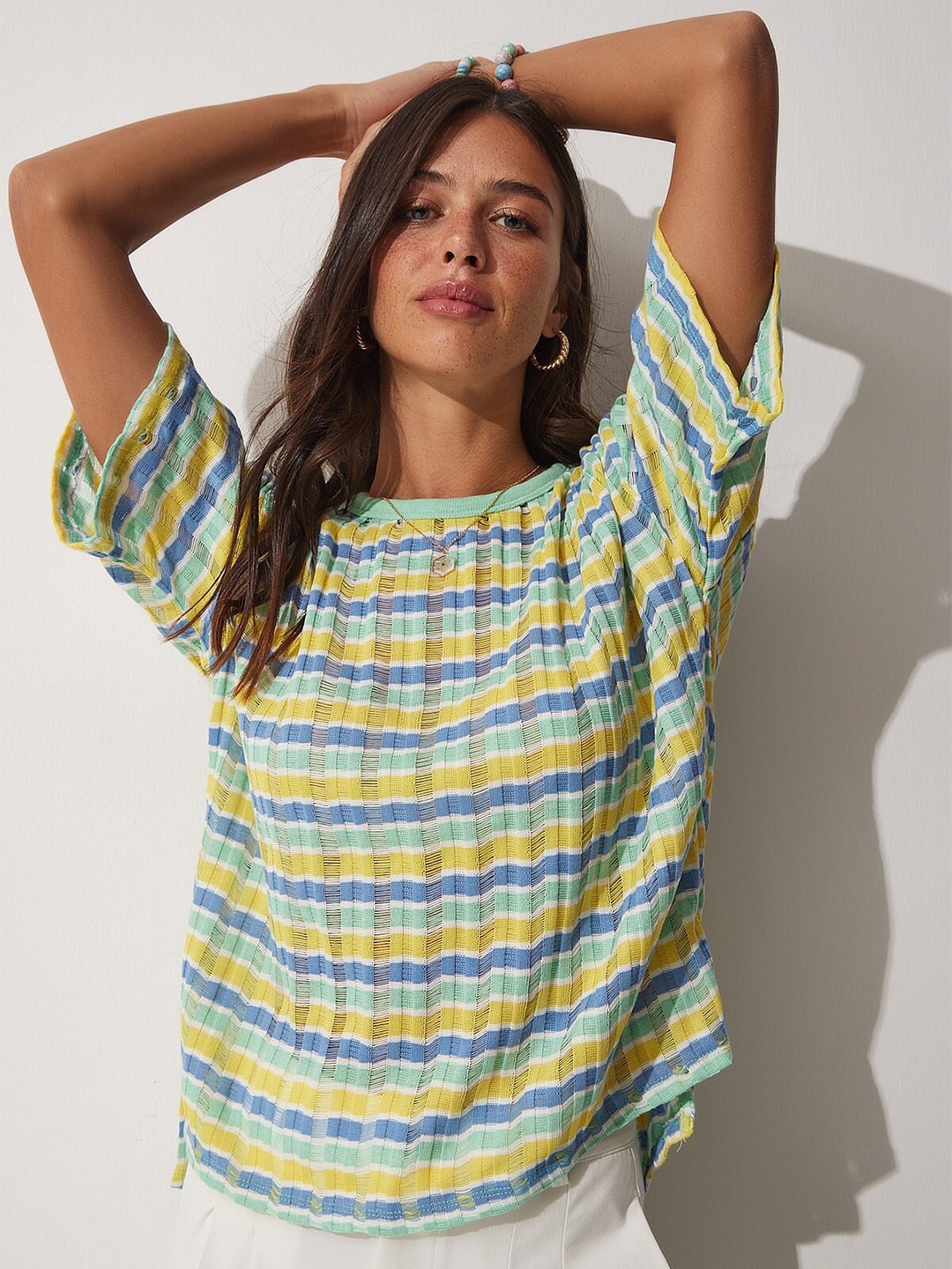 

Happiness istanbul Self Design Pure Cotton Top, Green