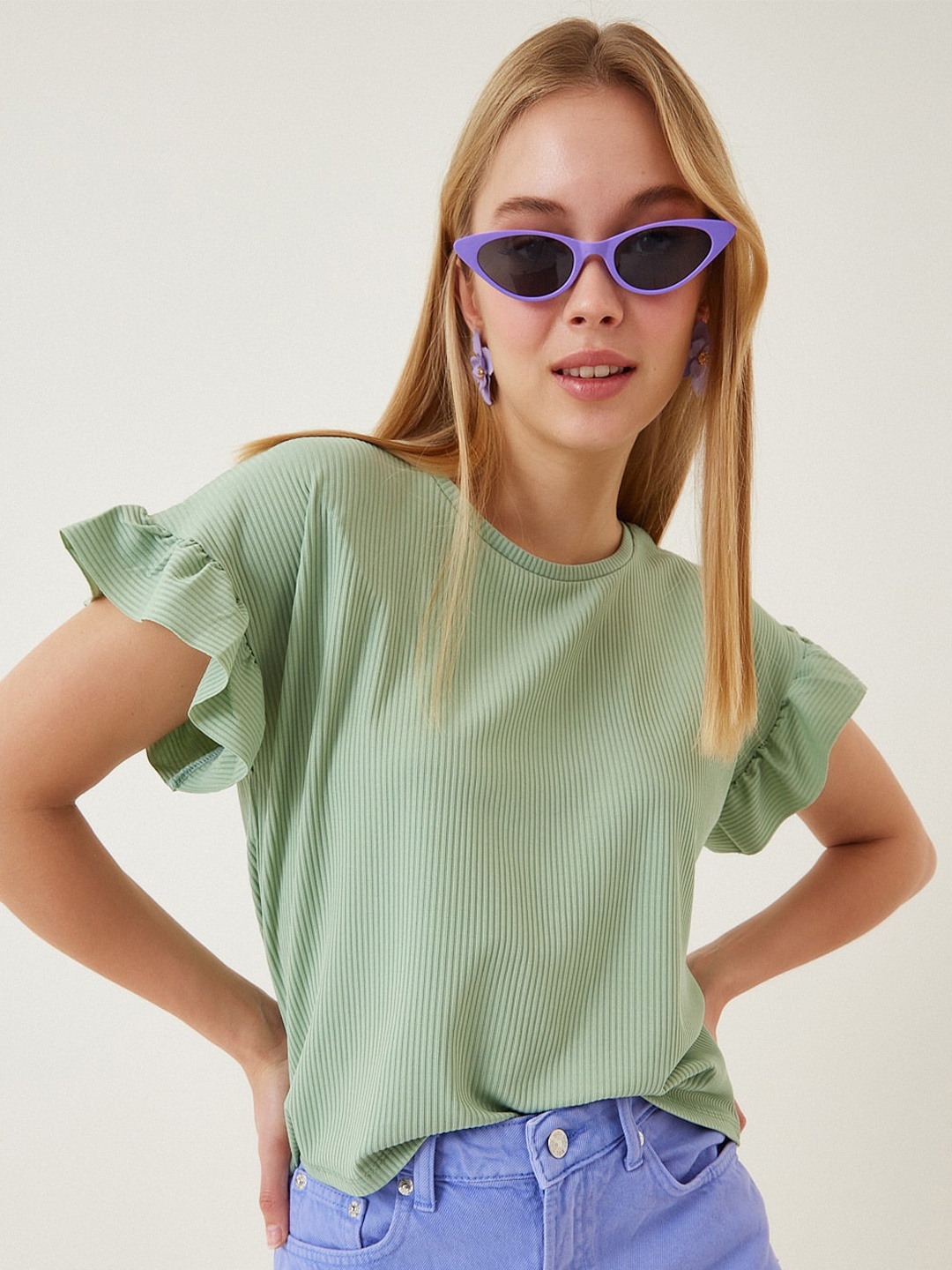 

Happiness istanbul Striped Flutter Sleeve Top, Green