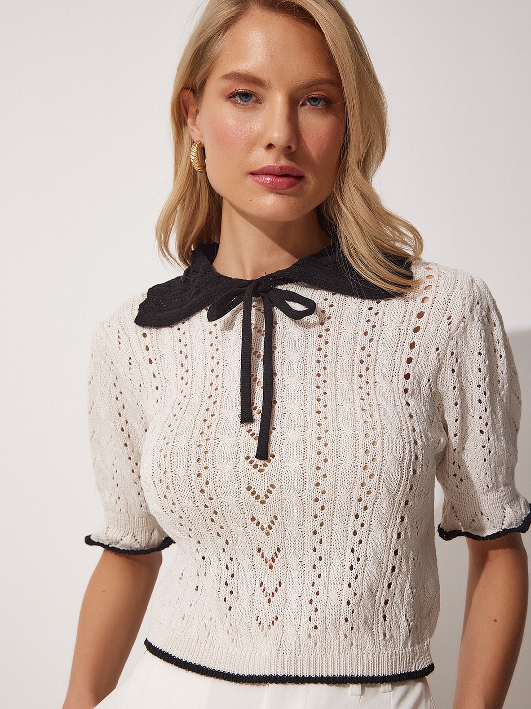

Happiness istanbul Self Design Tie-Up Neck Top, Cream