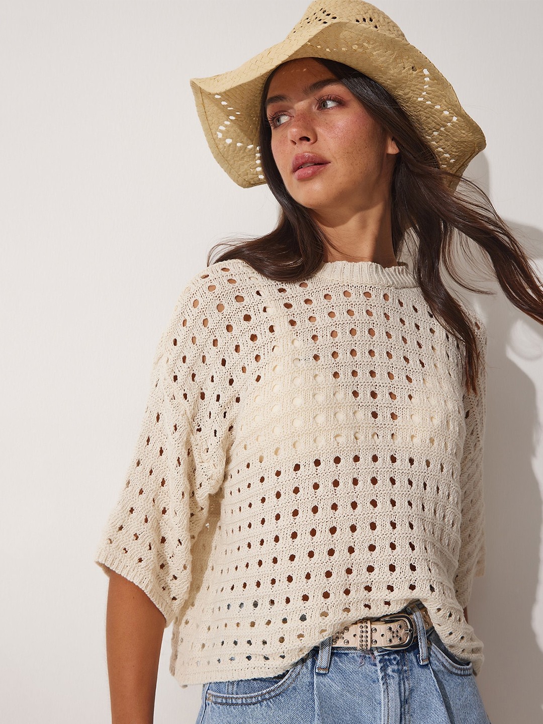 

Happiness istanbul Self Design Pure Cotton Top, Cream