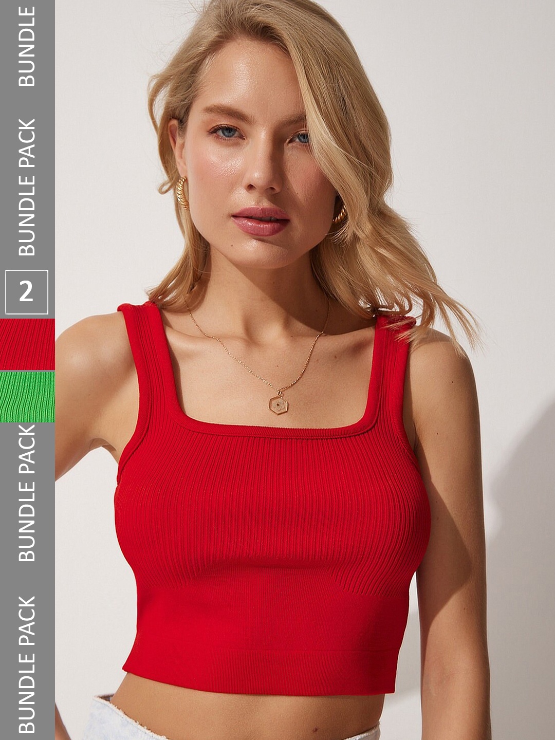 

Happiness istanbul Pack Of 2 Square Neck Sleeveless Fitted Crop Top, Red