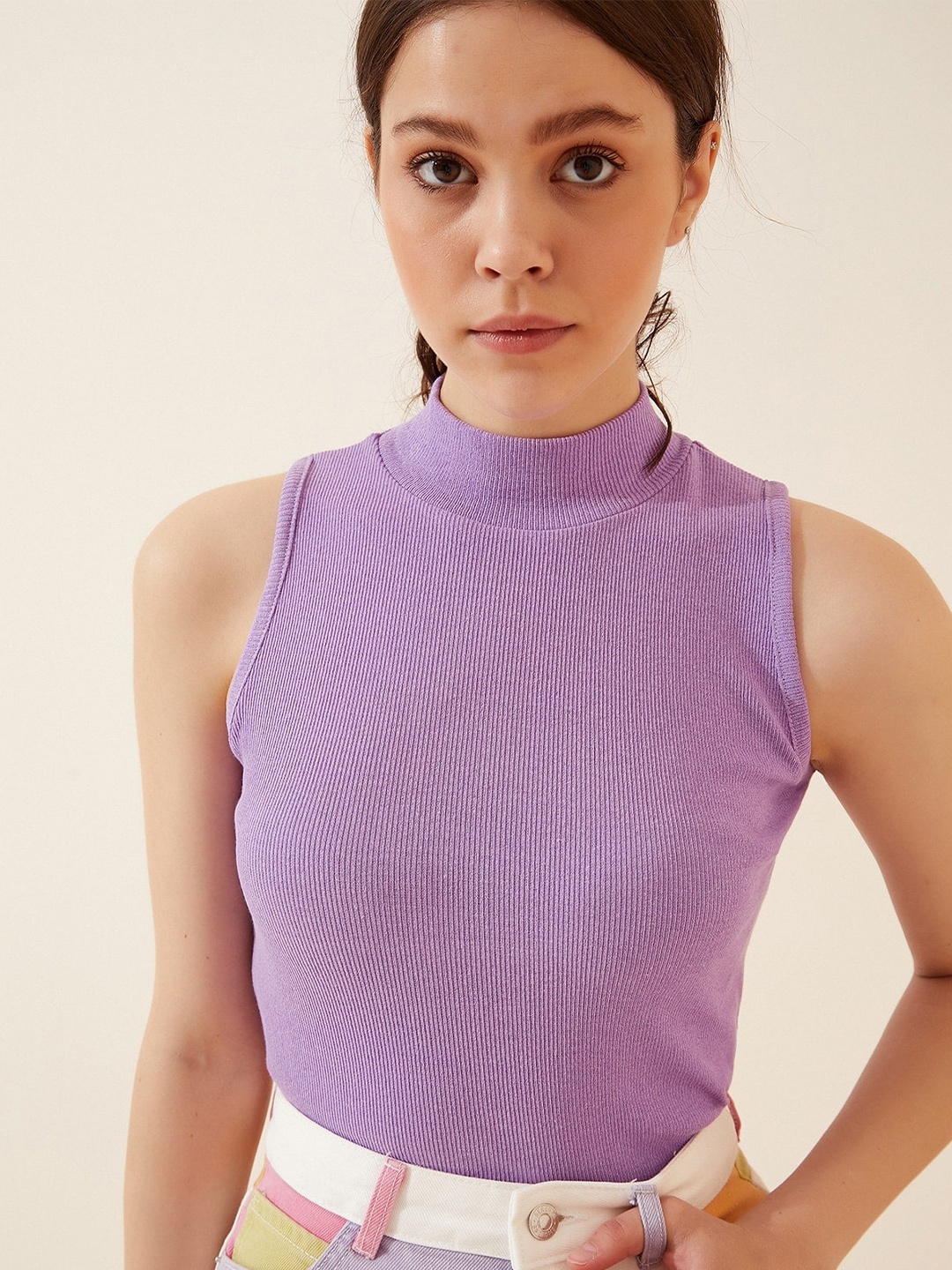 Happiness istanbul Ribbed High Neck Sleeveless Cotton Top, Lavender