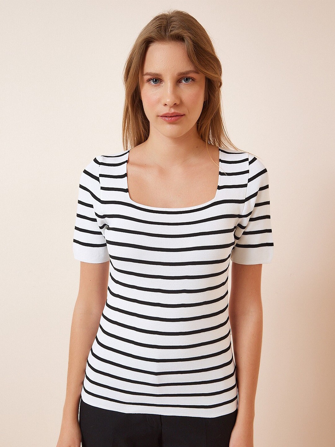 

Happiness istanbul Striped Square Neck Top, White