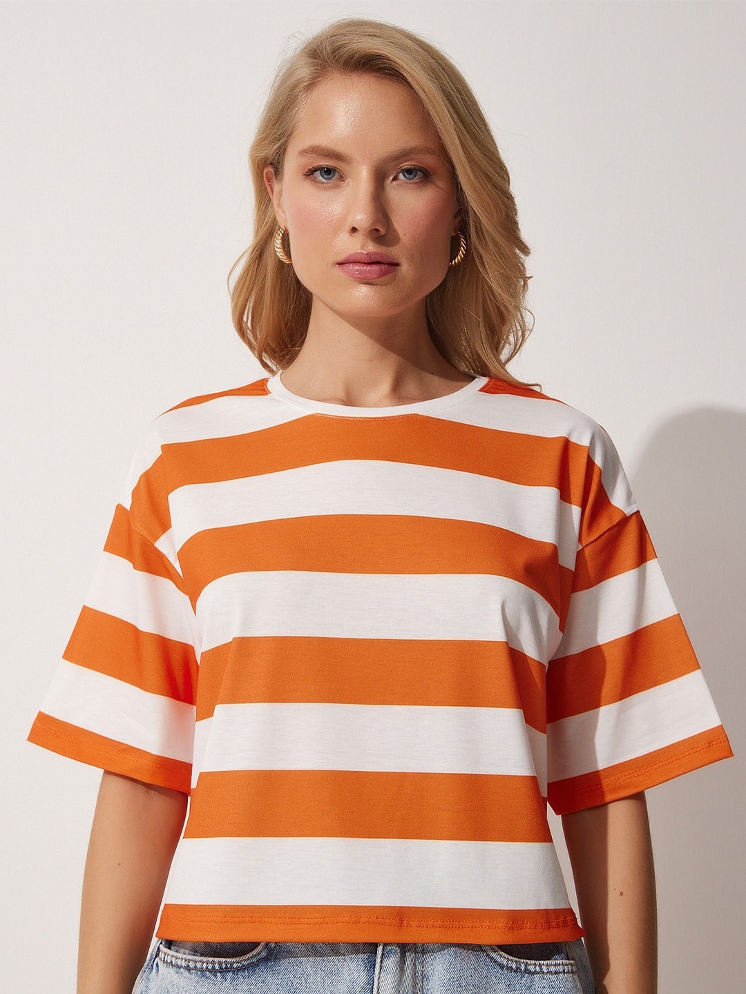 

Happiness istanbul Striped Drop Shoulder Sleeves T-shirt, Orange