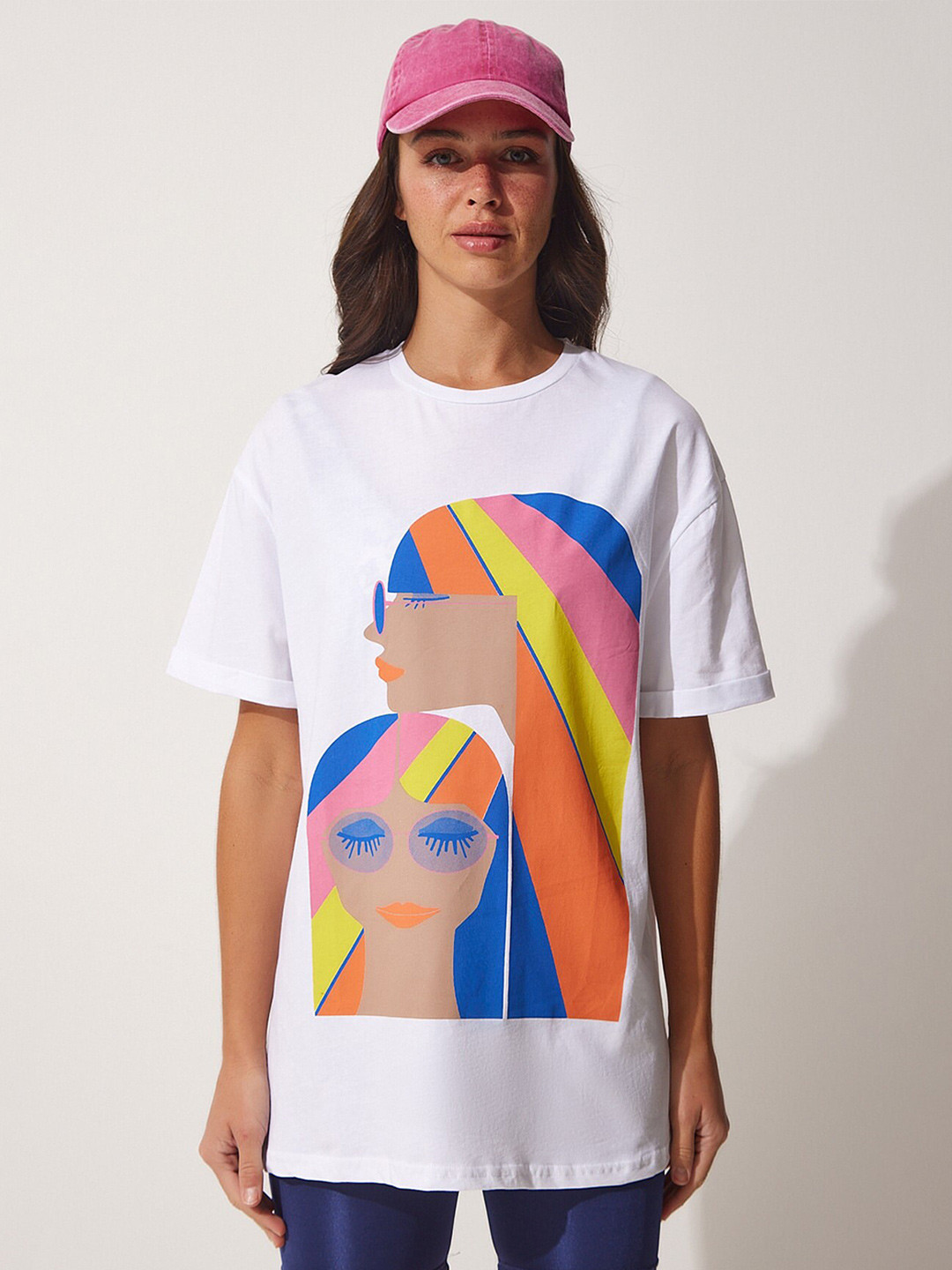 

Happiness istanbul Graphic Printed Drop-Shoulder Sleeves Pure Cotton T-Shirt, White