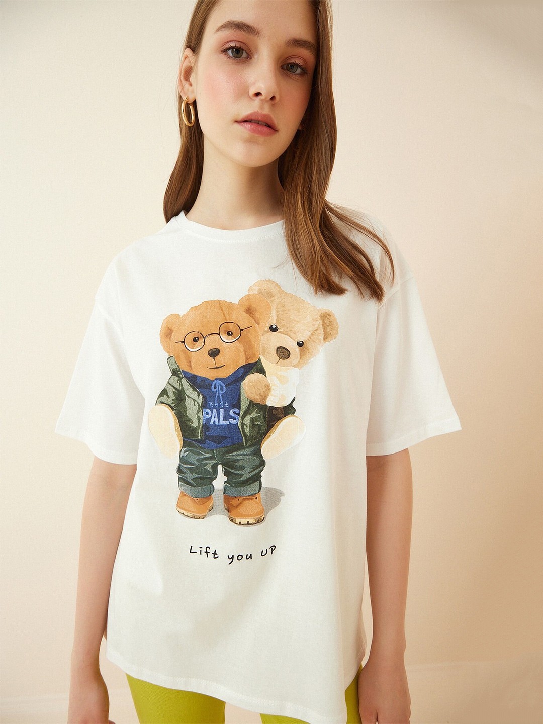

Happiness istanbul Teddy Bear Printed Pure Cotton T-shirt, White