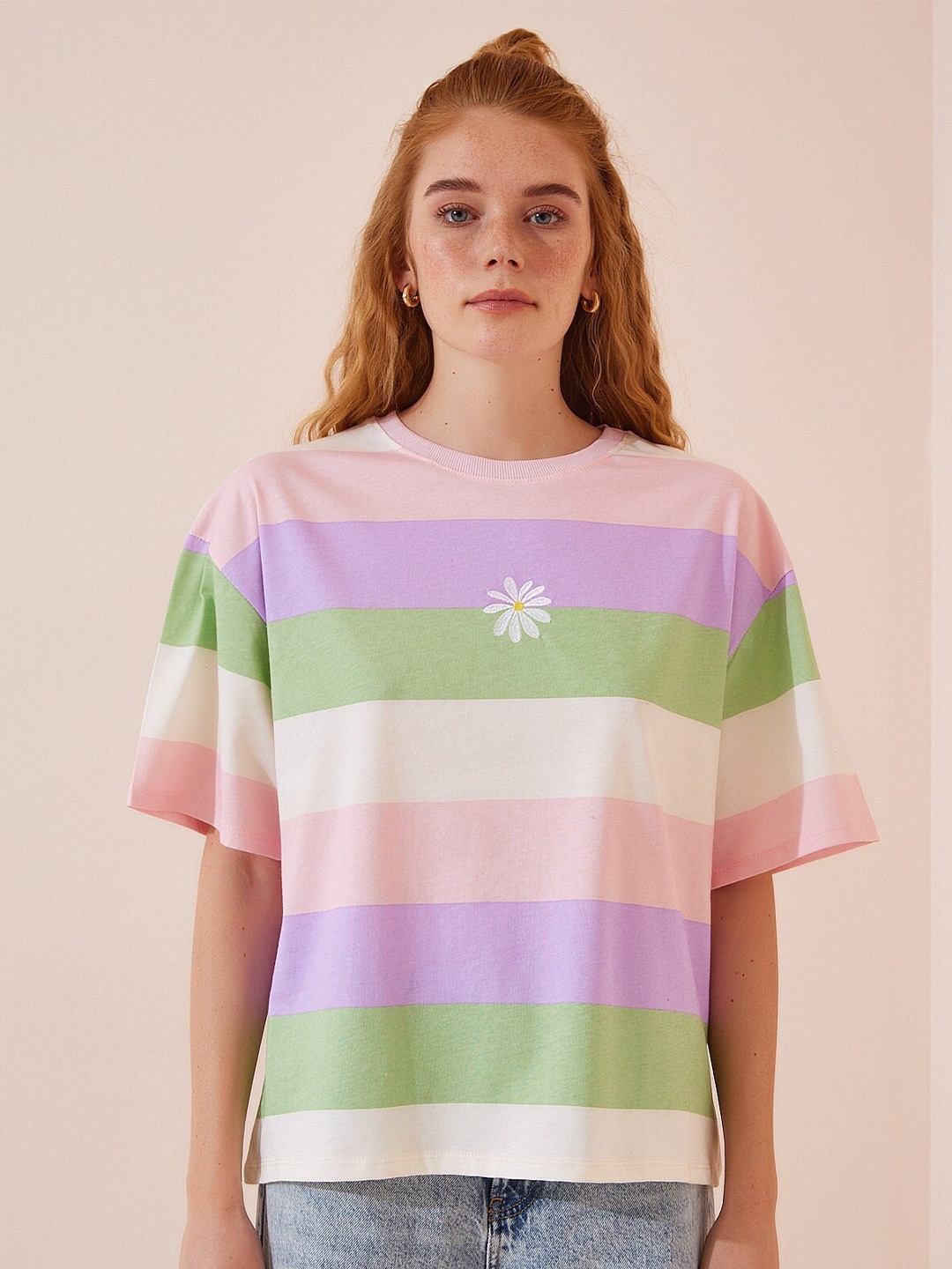 

Happiness istanbul Striped Drop Shoulder Sleeves Pure Cotton T-shirt, Pink