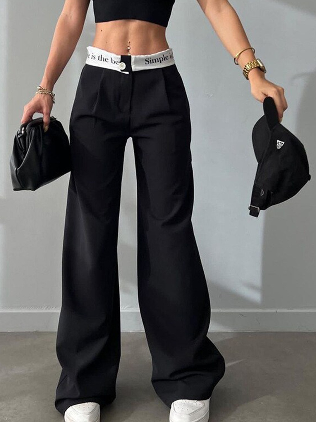 

BoStreet Women Black Mid-Rise Pleated Flared Parallel Trousers