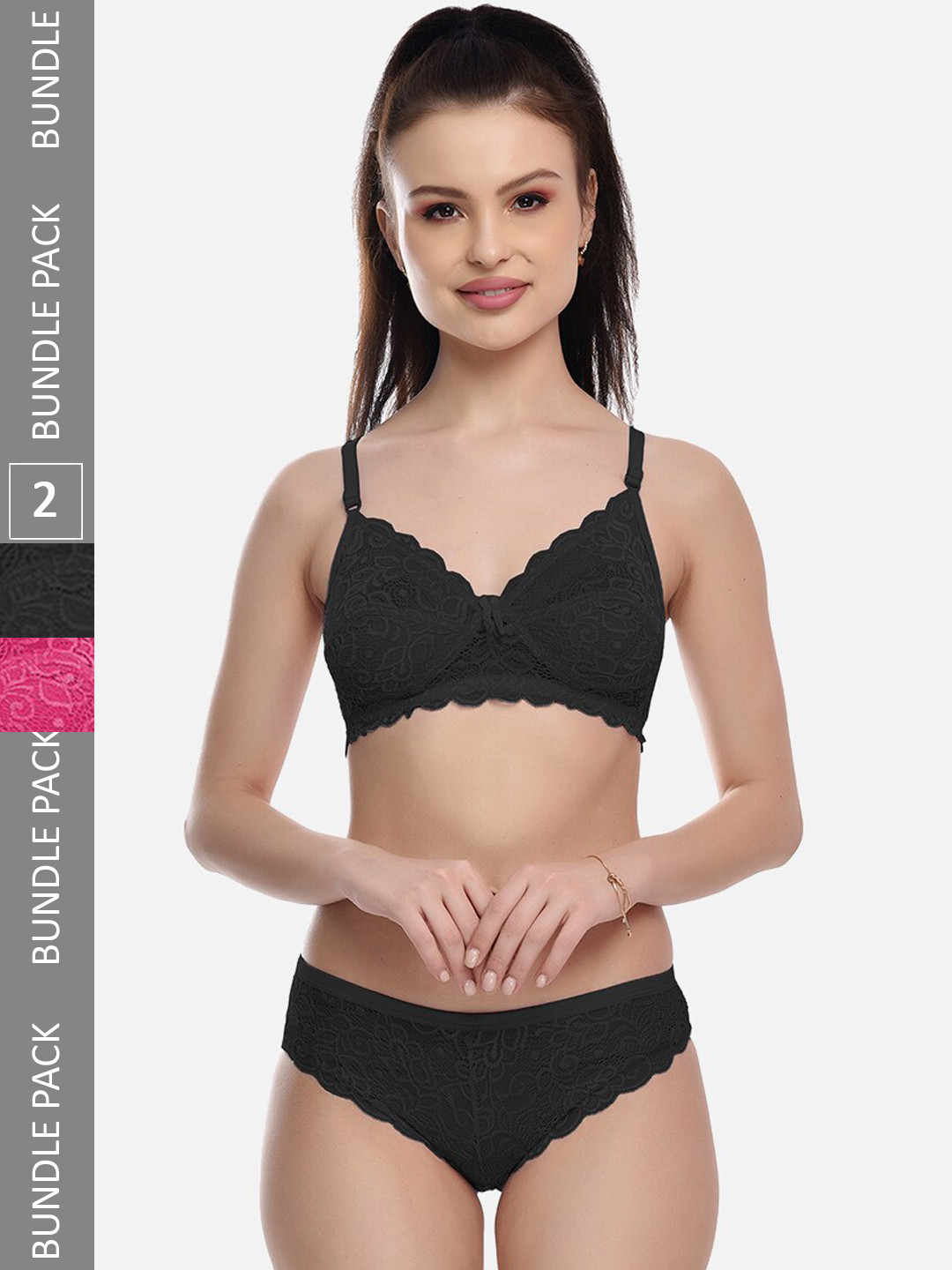 

FIMS Pack Of 2 Cotton Lycra Laced Lingerie Set Rimjhim_Set_PinkBlack_B, Pink