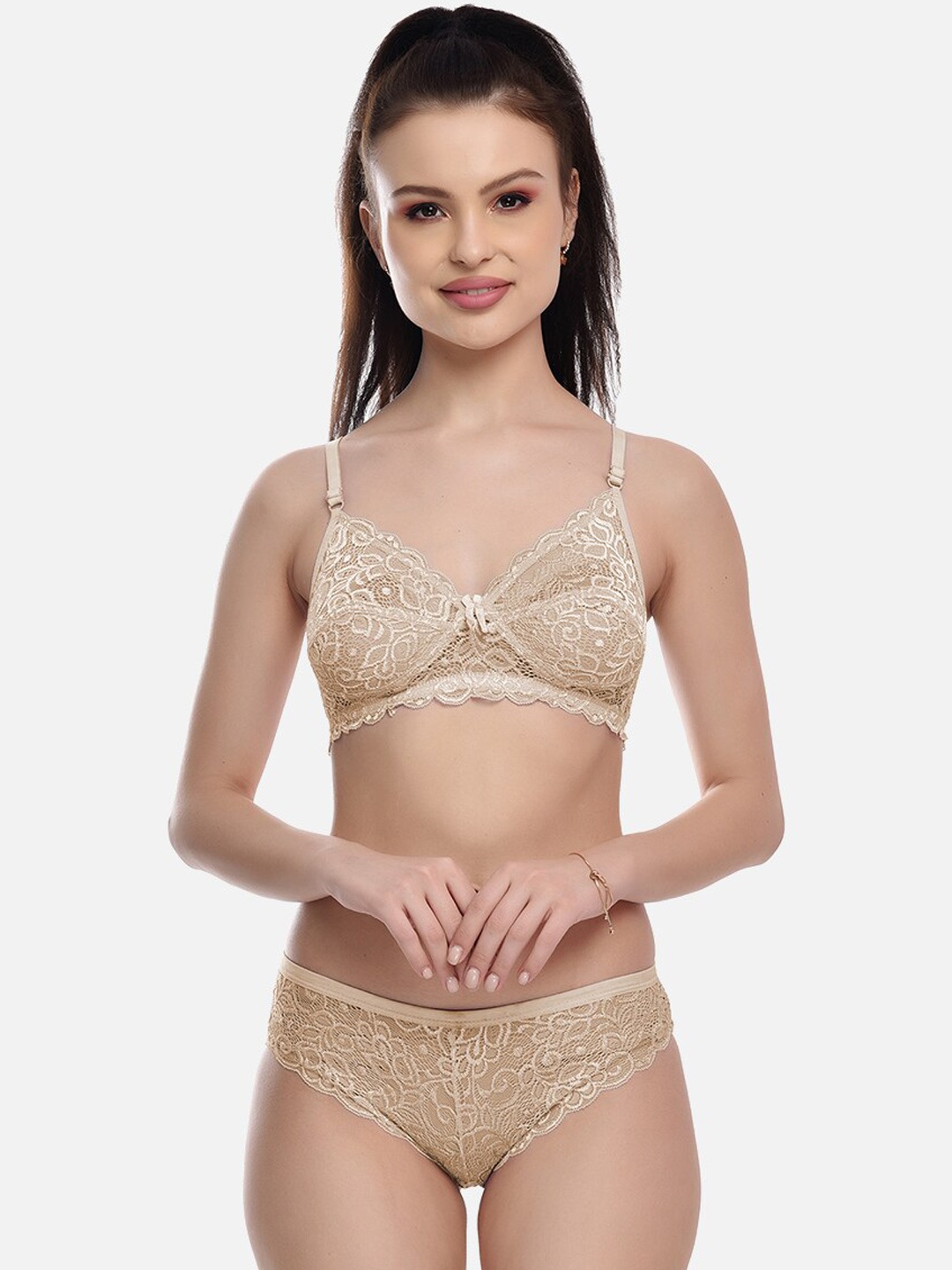 

FIMS Self Designed Laced Net Cotton Lycra Lingerie Set Rimjhim_Set_Beige_B