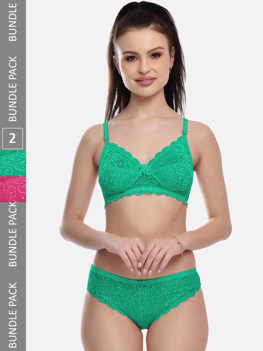 

FIMS Pack Of 2 Self-Design Lingerie Set Rimjhim_Set_GreenPink_B, Green