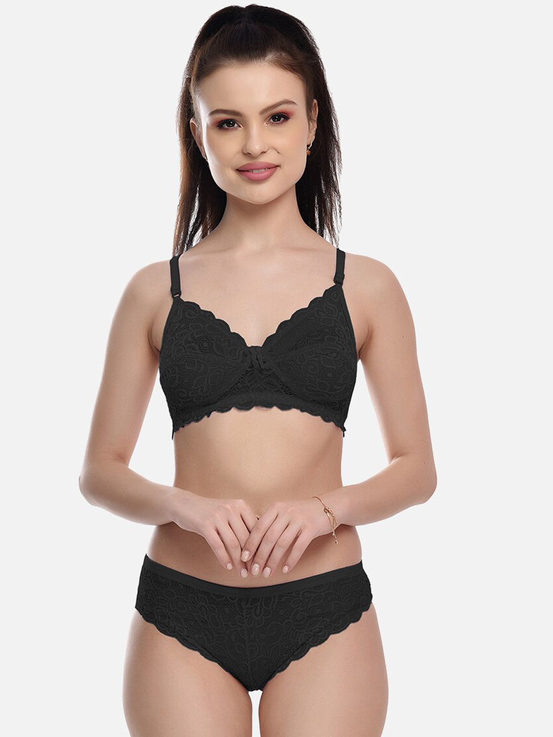 

FIMS Laced Cotton Lycra Lingerie Set Rimjhim_Set_Black_B