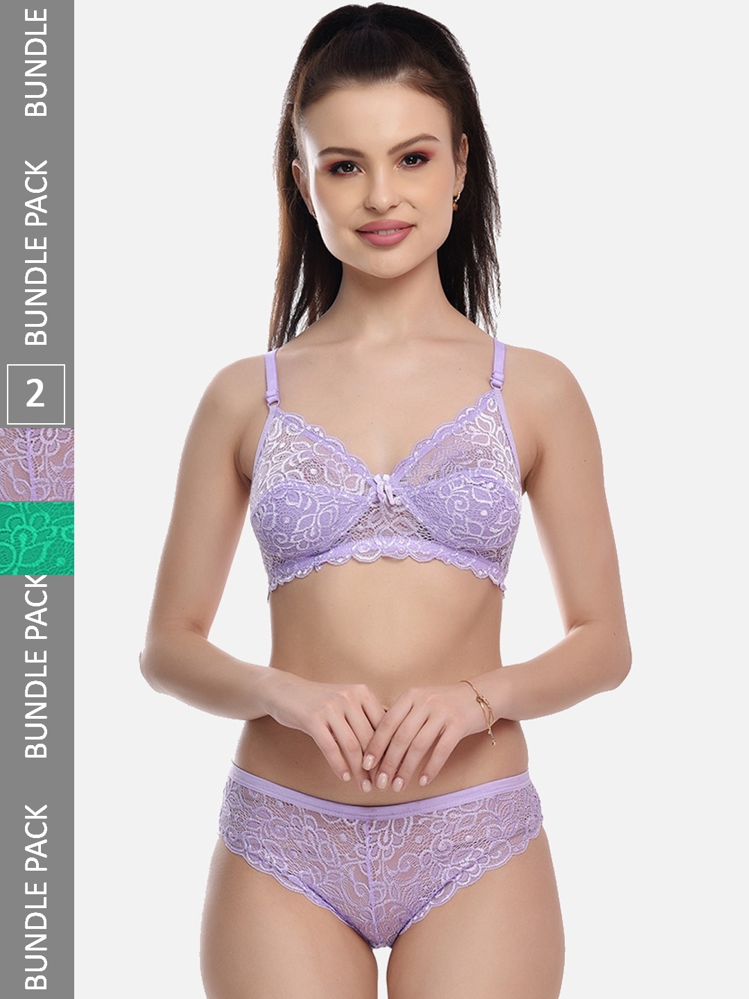FIMS Pack Of 2 Laced Cotton Lycra Lingerie Set - Rimjhim_Set_PurpleGreen_B, Purple
