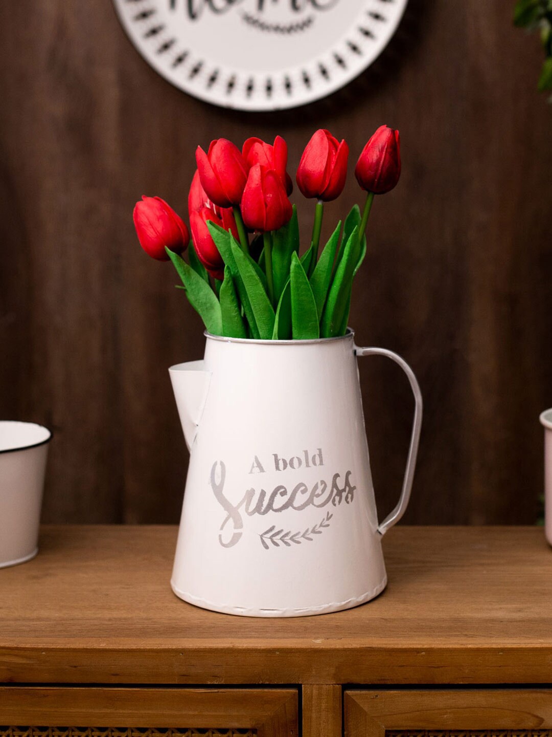 

THEDECORKART White & Grey A Bold Success Printed Watering Can Planter