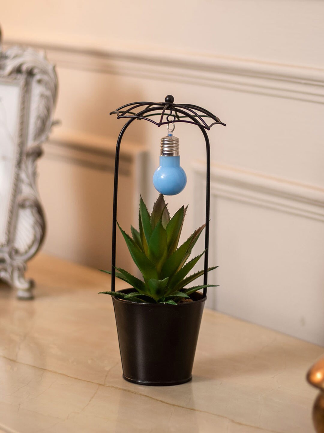 

Thedecorkart Black Ceramic Faux Potted Succulent With Iron Planter
