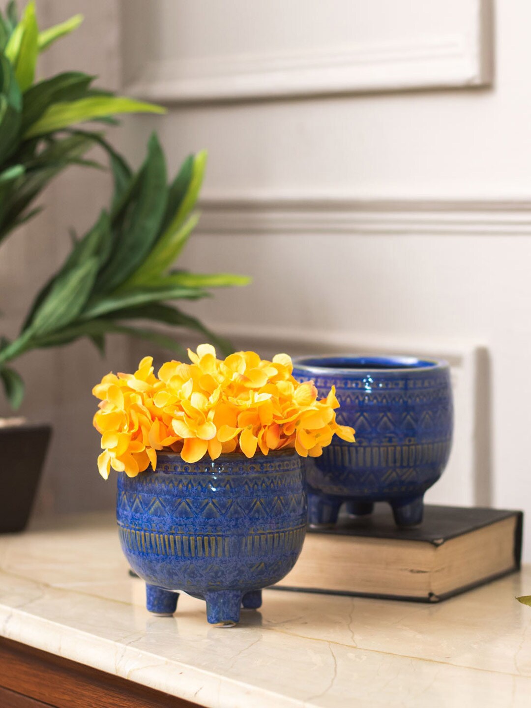 

THEDECORKART Blue 2 Pieces Textured Ceramic Planters