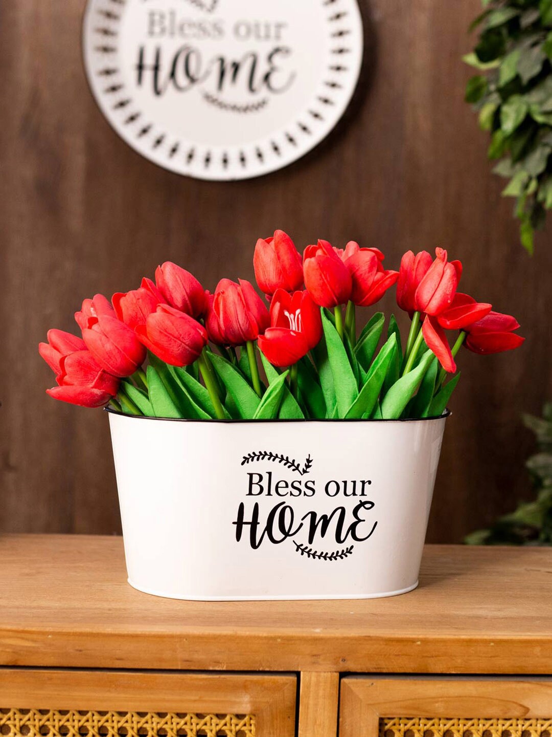 

THEDECORKART 3 Pcs White & Black Bless Our Home Printed Planters