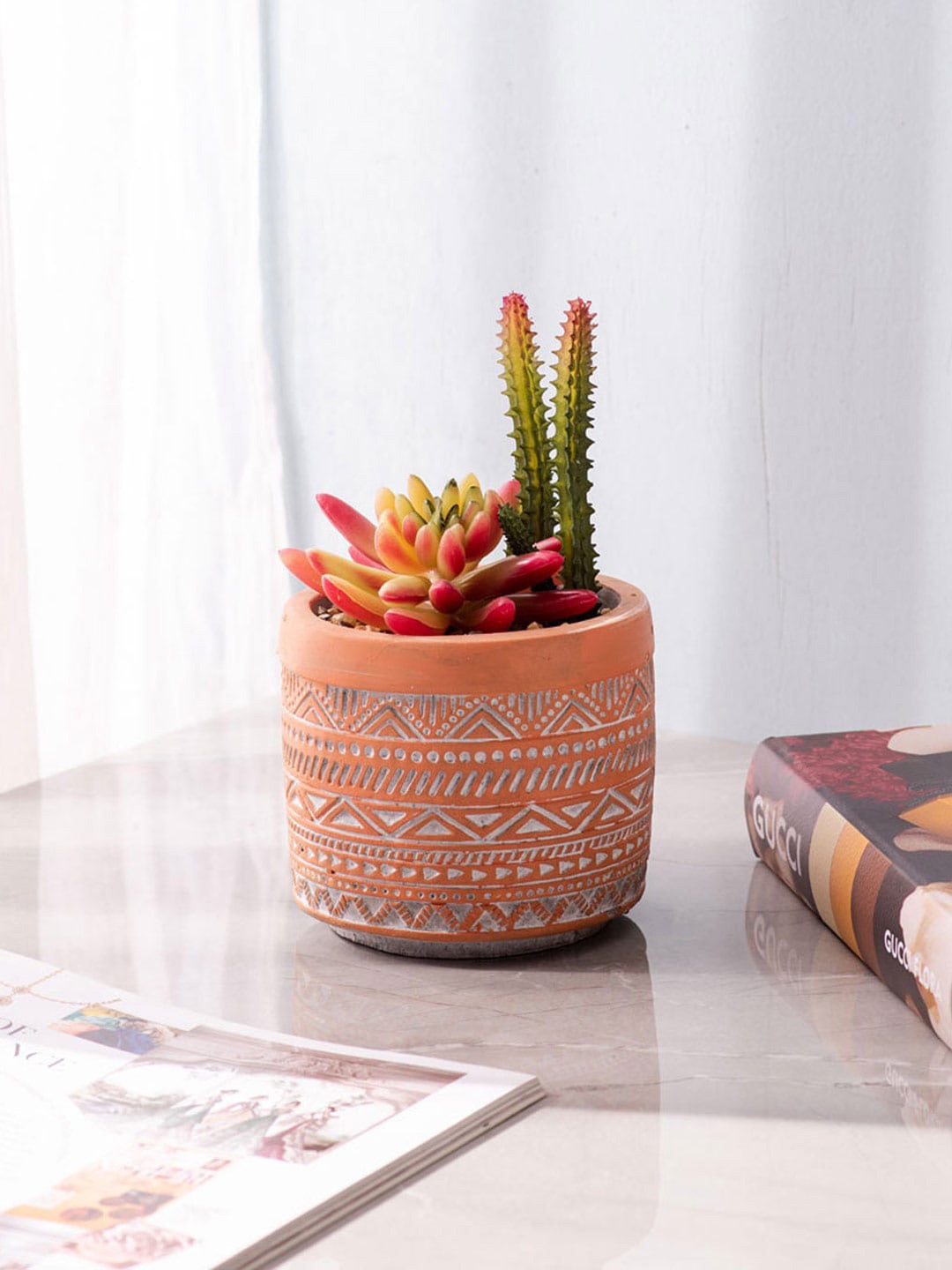 

THEDECORKART Orange & White Patterned Faux Potted Succulent Planter