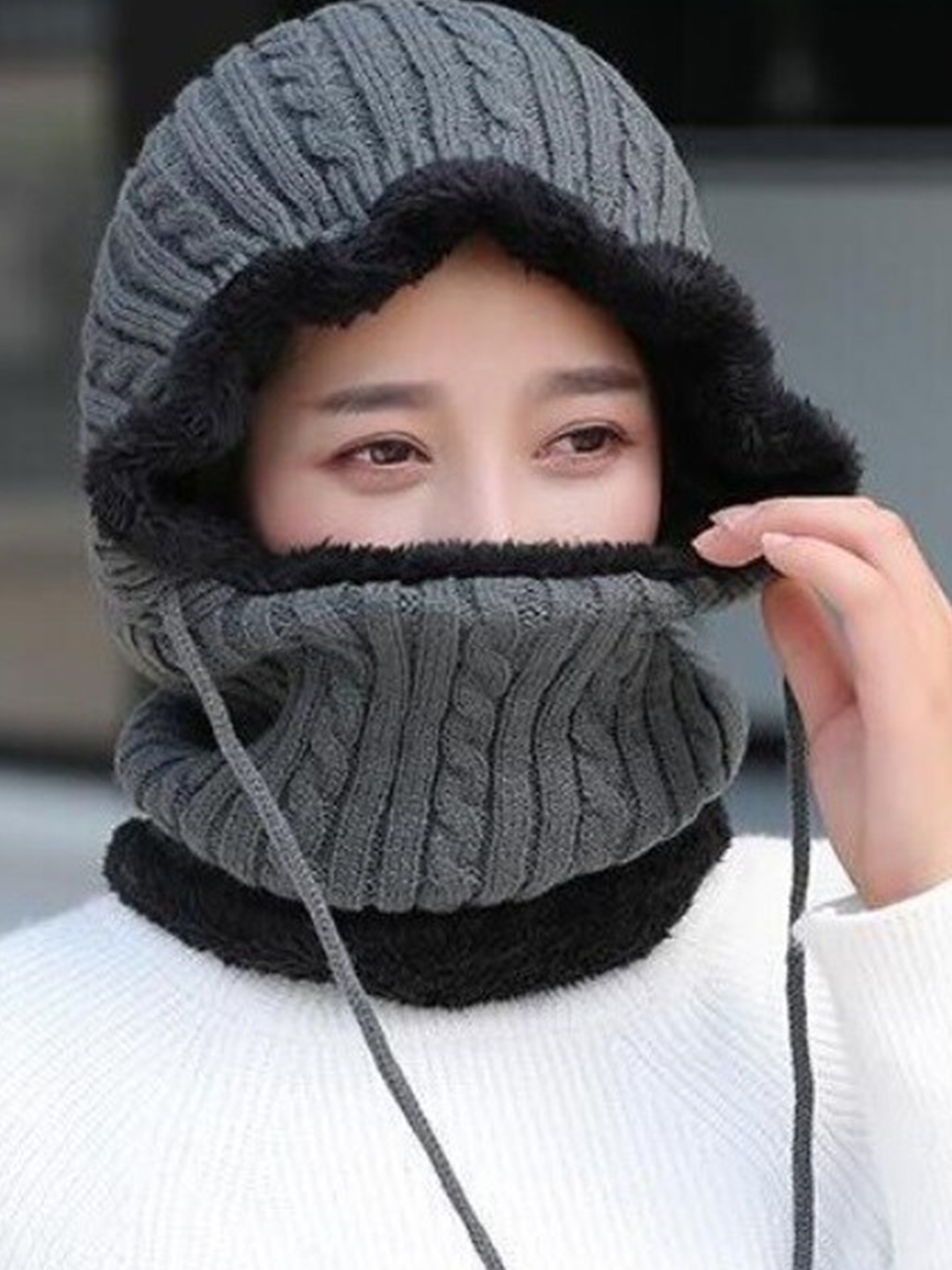 

Alexvyan Winter Snow Proof Woollen Thermal Soft Combined Cap, Grey