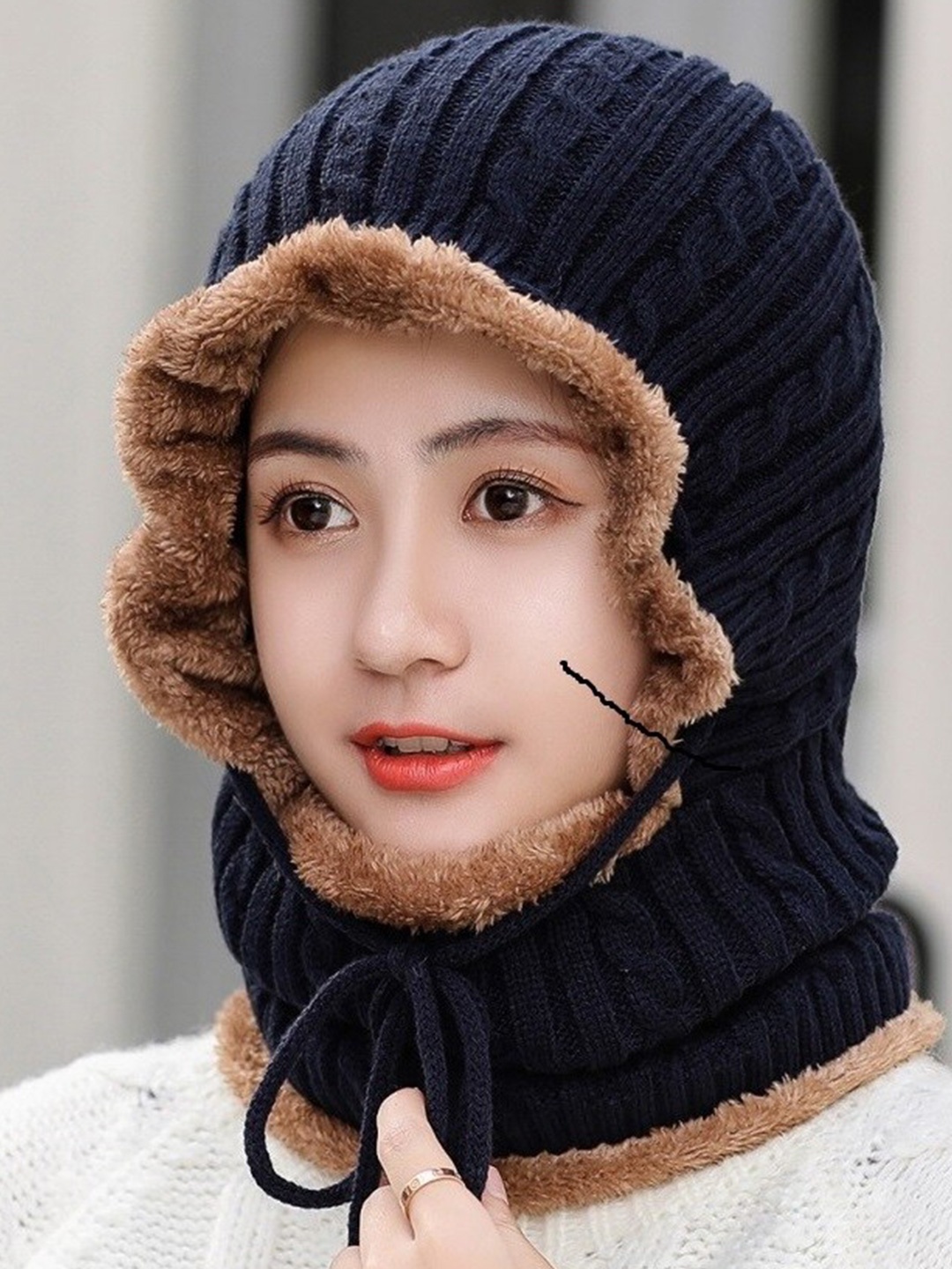 

Alexvyan Winter Snow Proof Woollen Thermal Soft Combined Cap, Blue