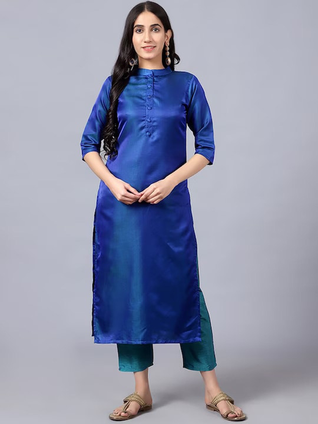 

V TRADITION Mandarin Collar Kurta, Navy blue