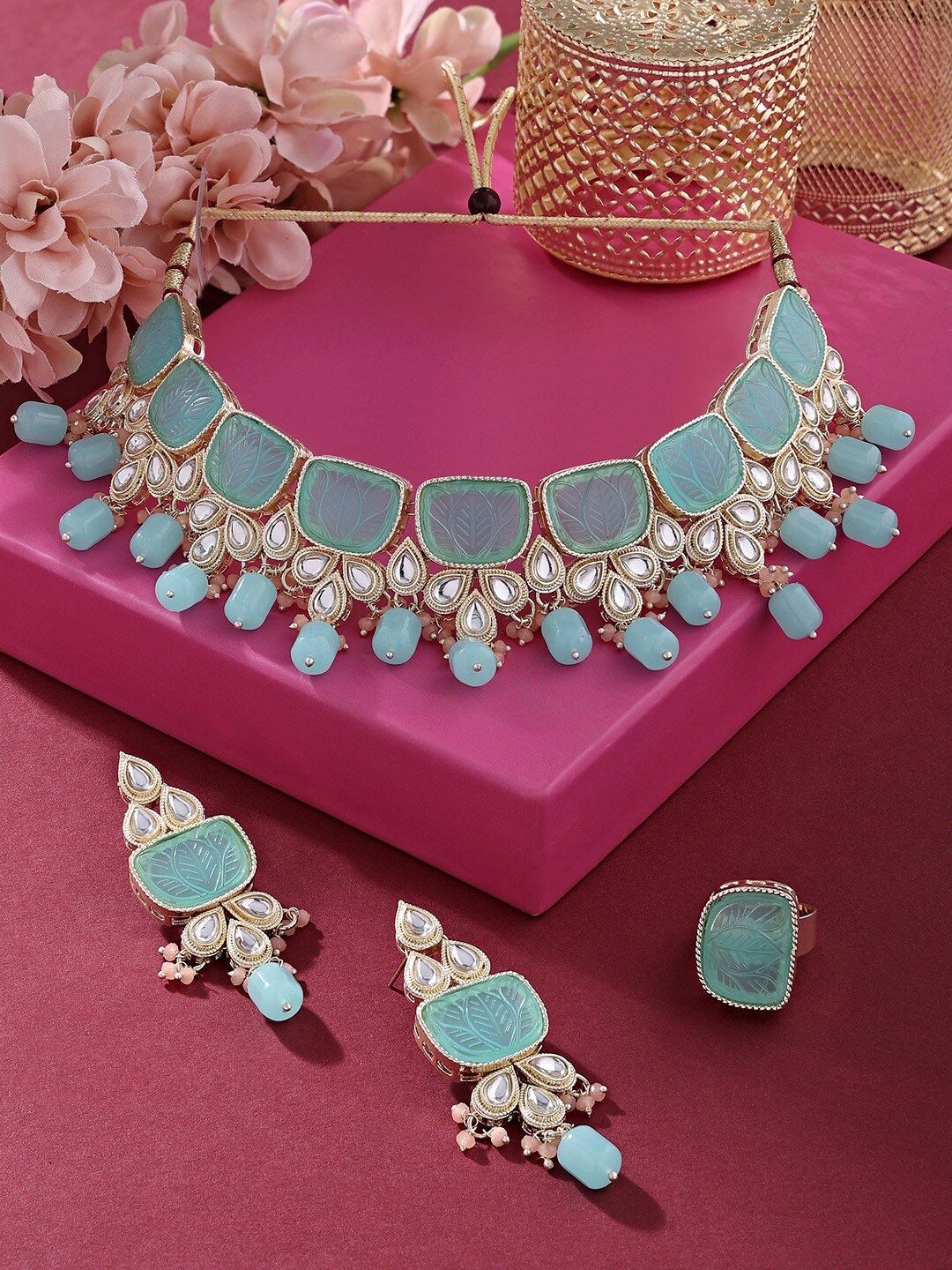 

Zaveri Pearls Gold-Plated Stone Studded & Beaded Necklace & Earrings With Ring