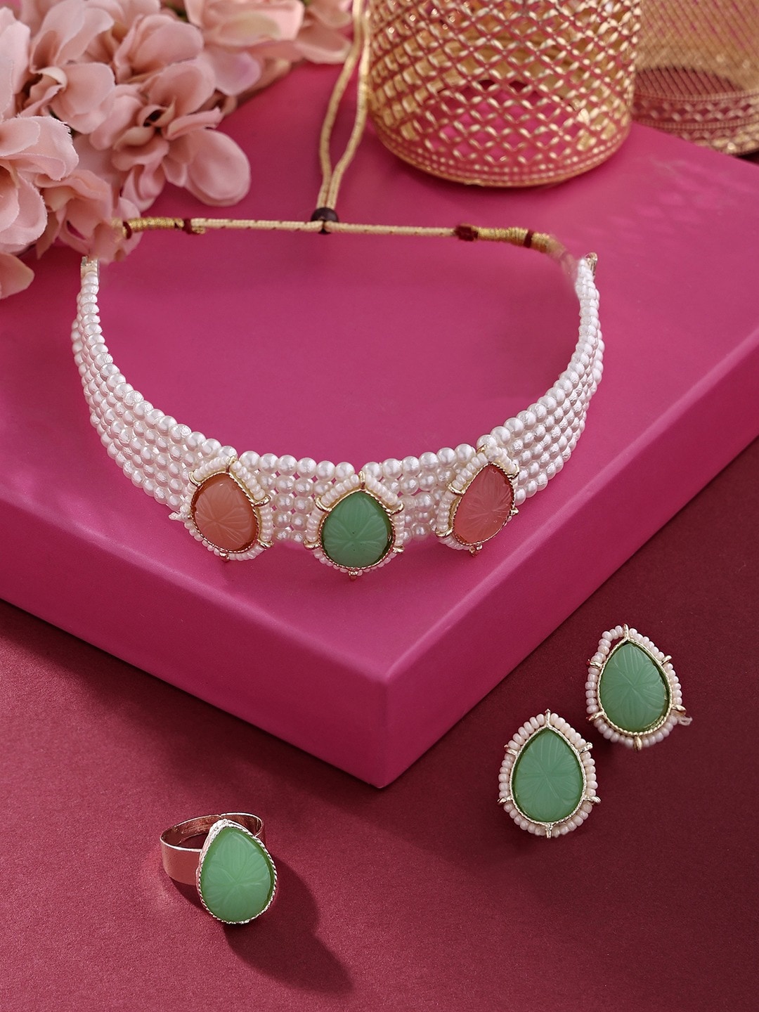 

Zaveri Pearls Gold-Plated Multistrand Beaded Choker Necklace & Earrings With Ring