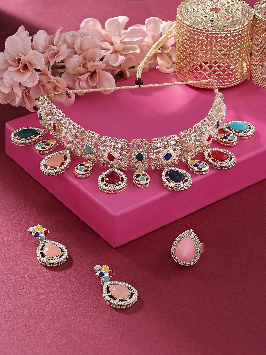 

Zaveri Pearls Gold-Plated Kundan Stone-Studded & Beaded Necklace & Earrings With Ring