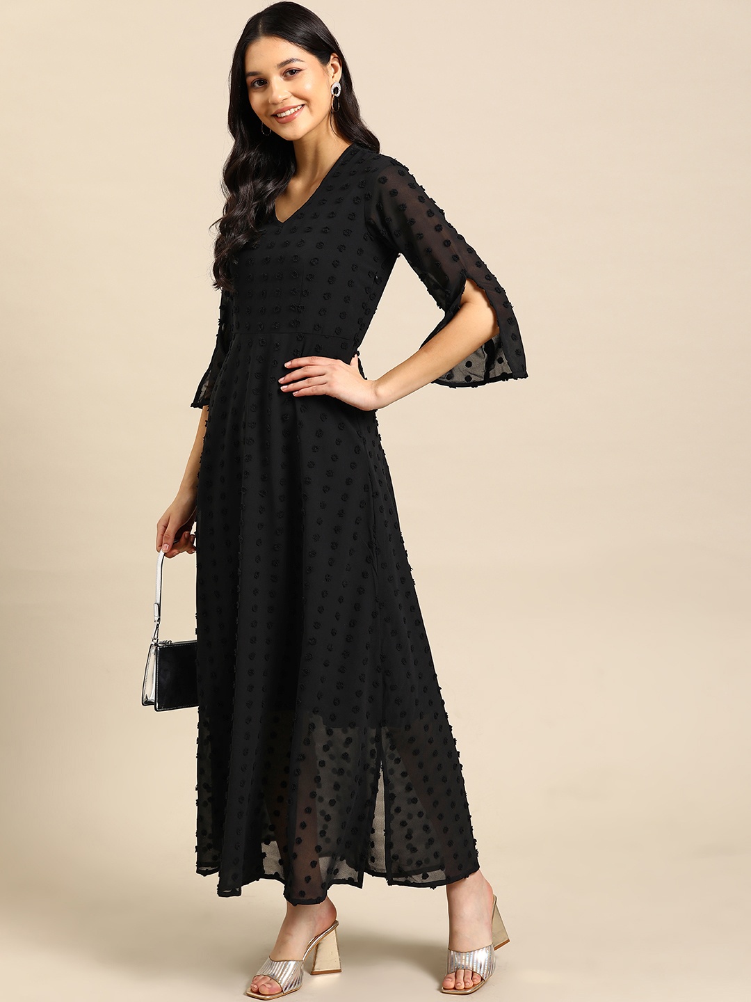 

WoowZerz Slit Sleeve with Pom-Pom Detail Georgette A-Line Maxi Dress, Black