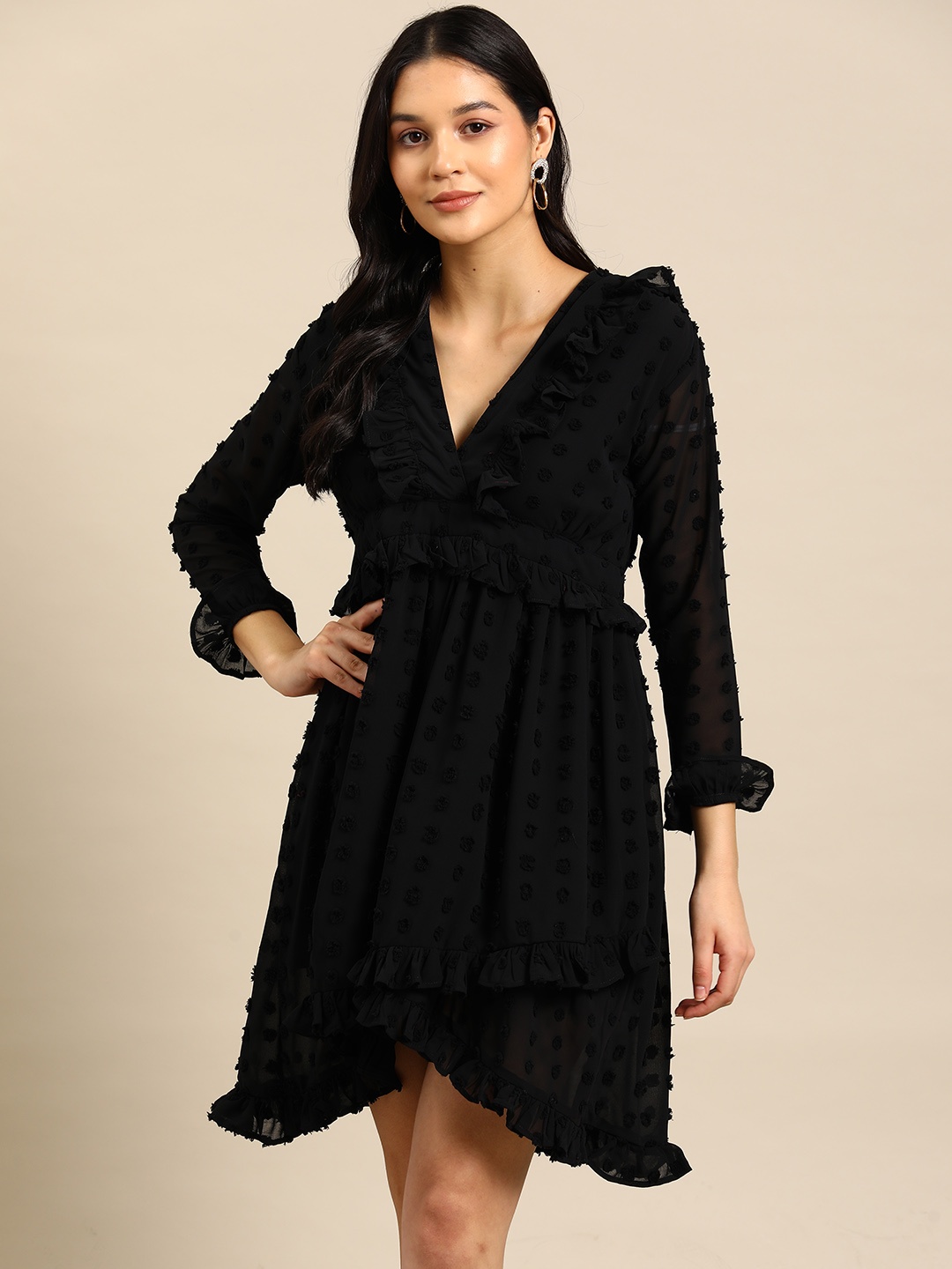 

WoowZerz Puff Sleeve with Pom-Pom Detail Georgette A-Line Dress, Black