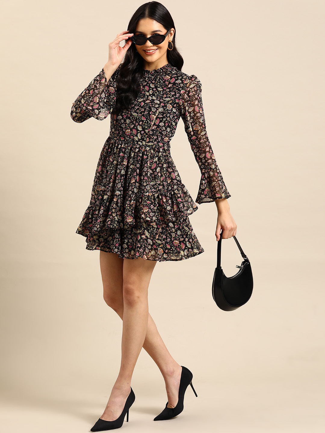 

WoowZerz Floral Print Bell Sleeve Layered Georgette A-Line Mini Dress, Black