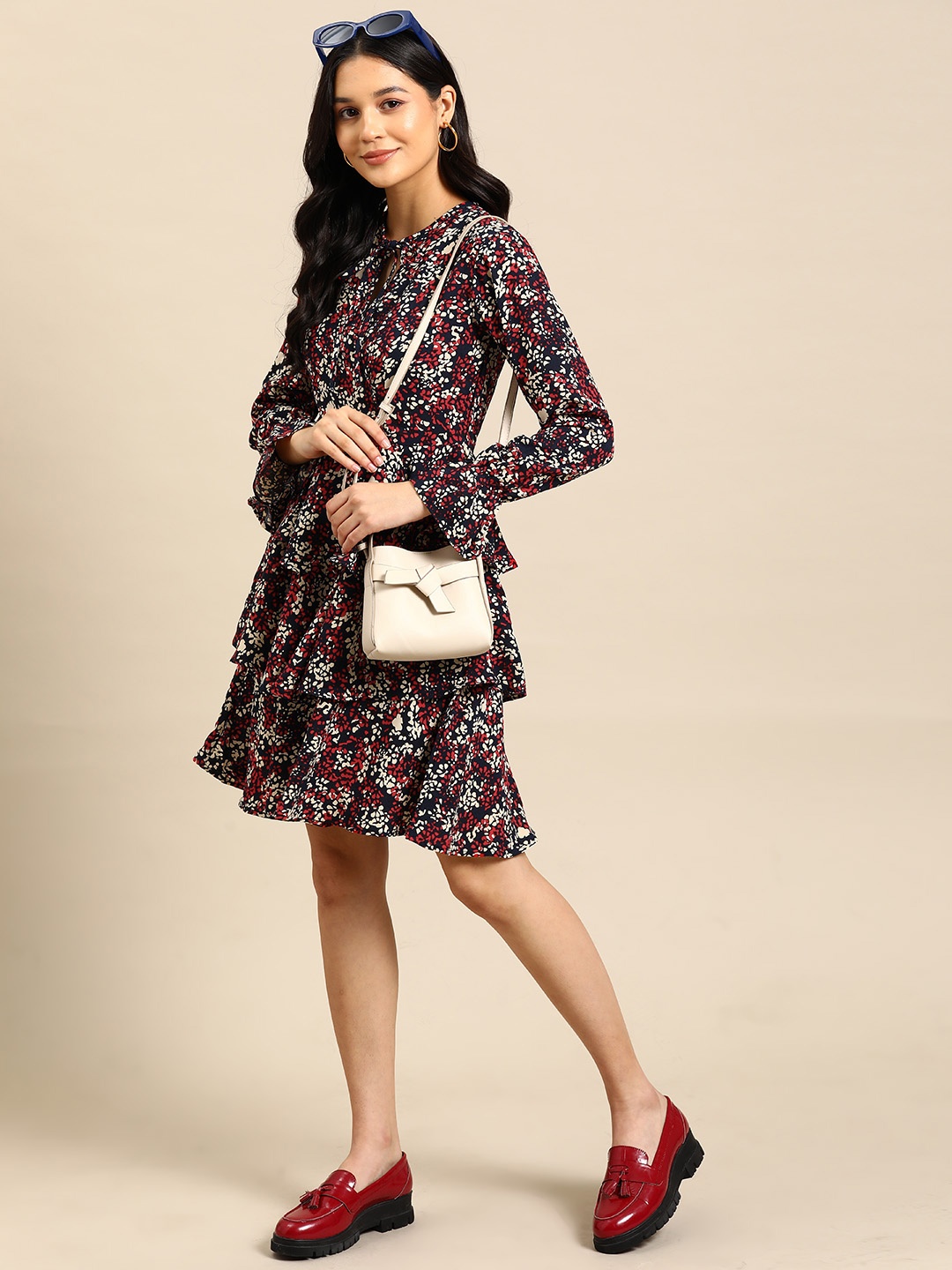

WoowZerz Abstract Print Tie-Up Neck Layered A-Line Dress, Black