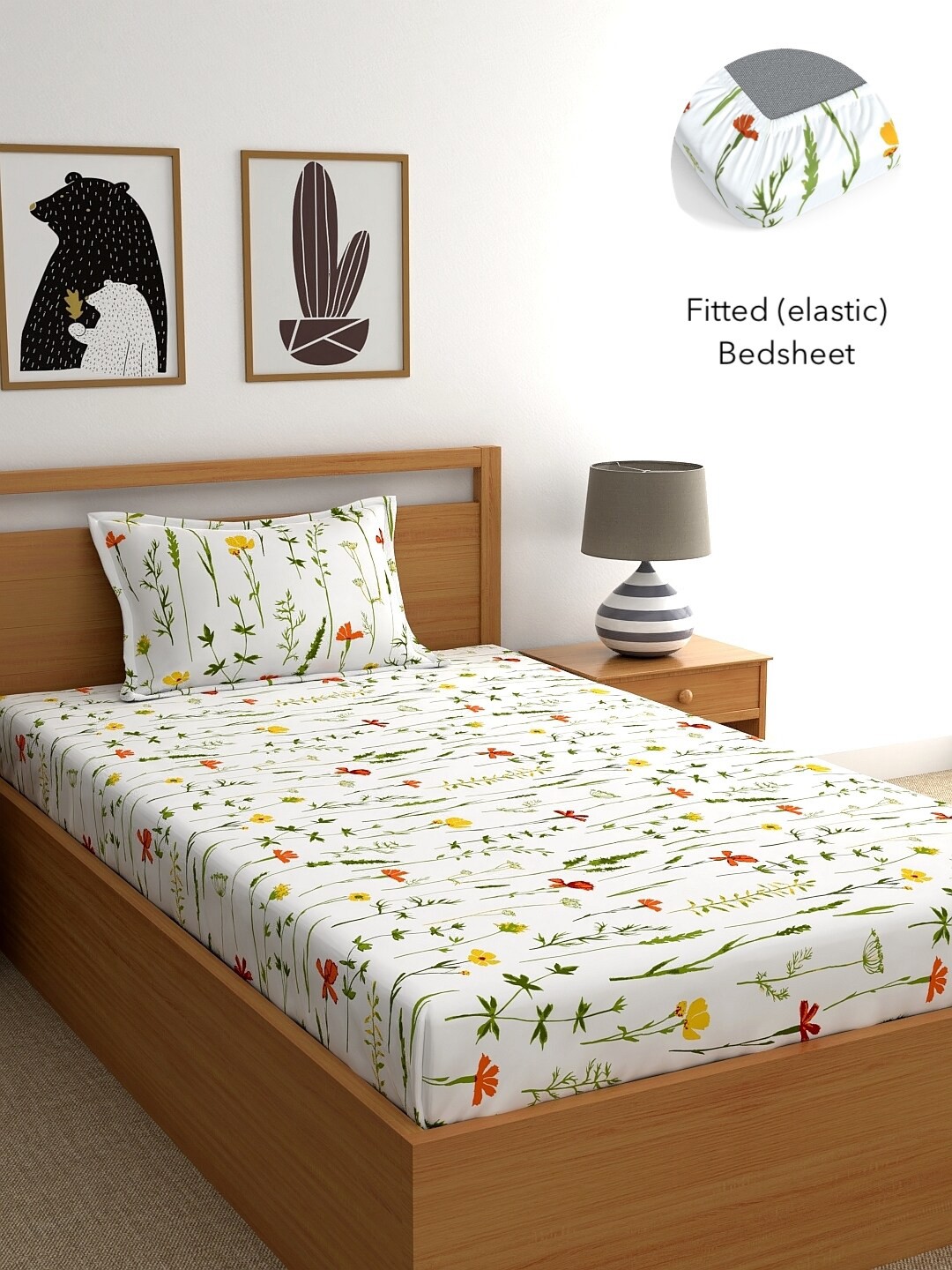

Home Ecstasy White Floral 140 TC Fitted Cotton Single Bedsheet with 2 Pillow Covers