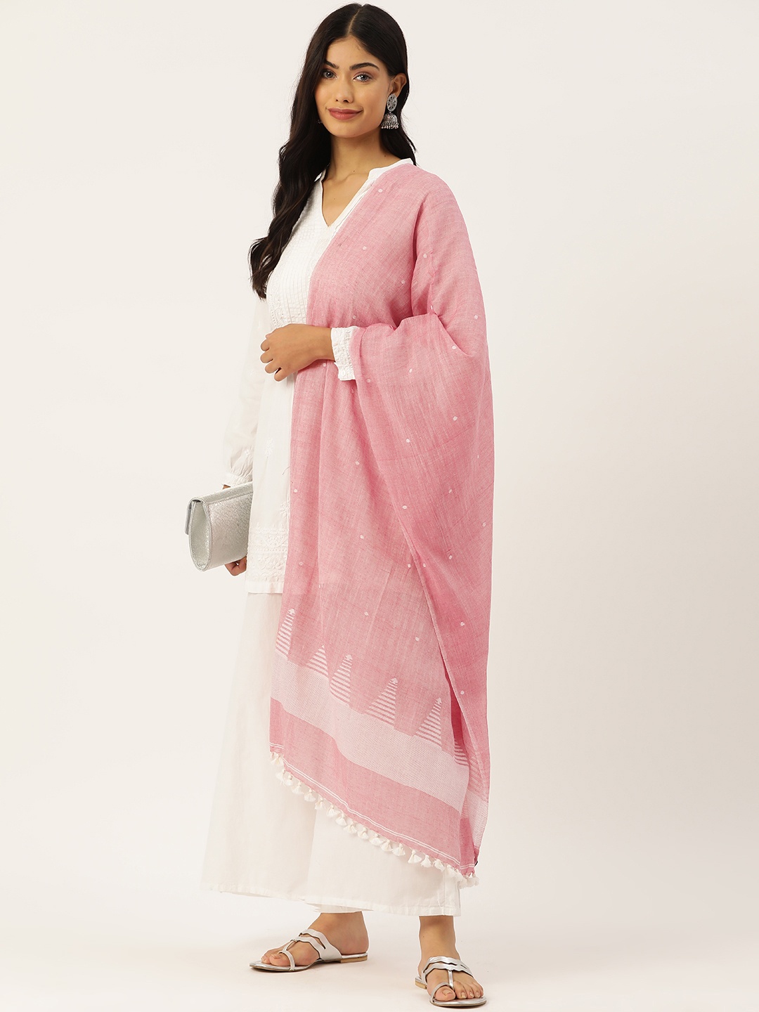

ArtEastri Women Geometric Woven Design Pure Cotton Stole, Pink