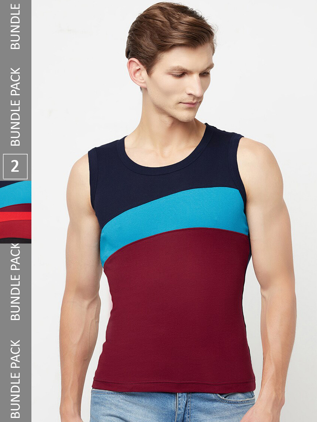 

T.T. Men Pack Of 2 Titanic Designer Pure Cotton Colourblocked Gym Vests, Red