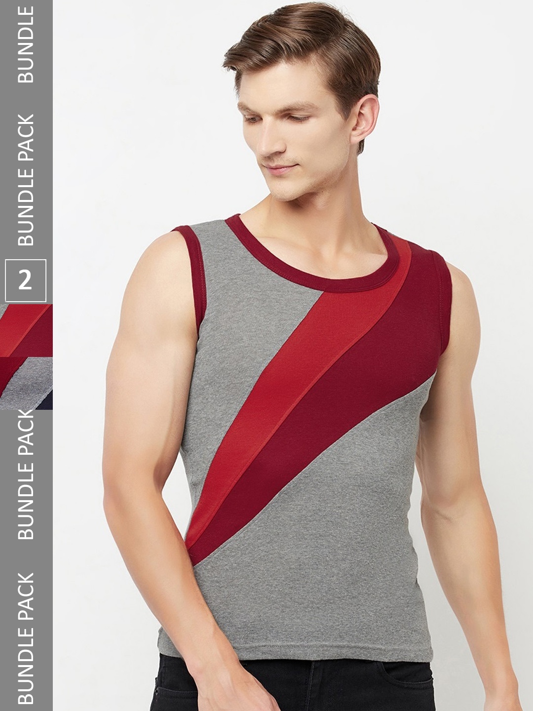 

T.T. Titanic Designer Pack Of 3 Colourblocked Pure Cotton Gym Vests, Maroon