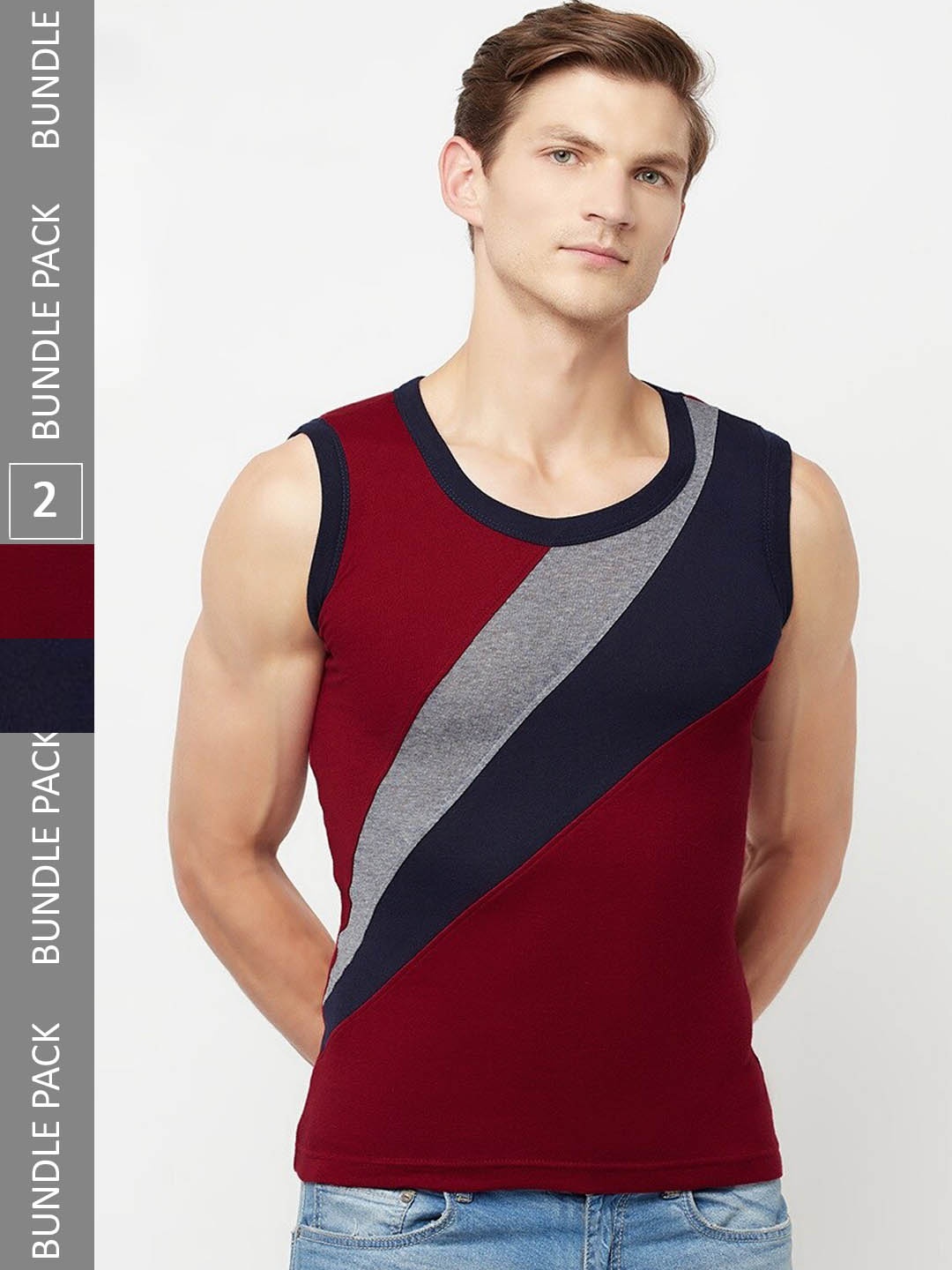 

T.T.Men Pack Of 2 Titanic Designer Pure Cotton Colourblocked Gym Vests, Navy blue
