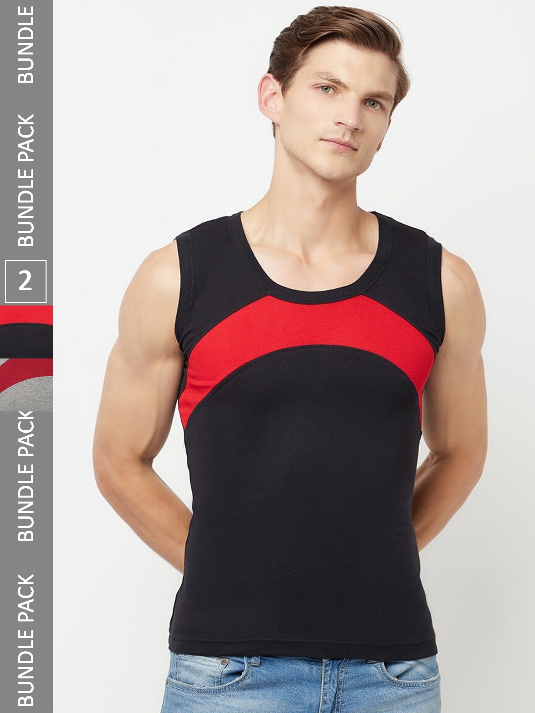 

T.T. Titanic Designer Pack Of 2 Colourblocked Pure Cotton Gym Vests, Grey