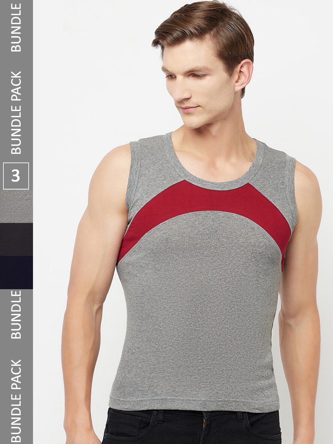 

T.T. Men Pack Of 3 Titanic Designer Pure Cotton Colourblocked Gym Vests, Grey