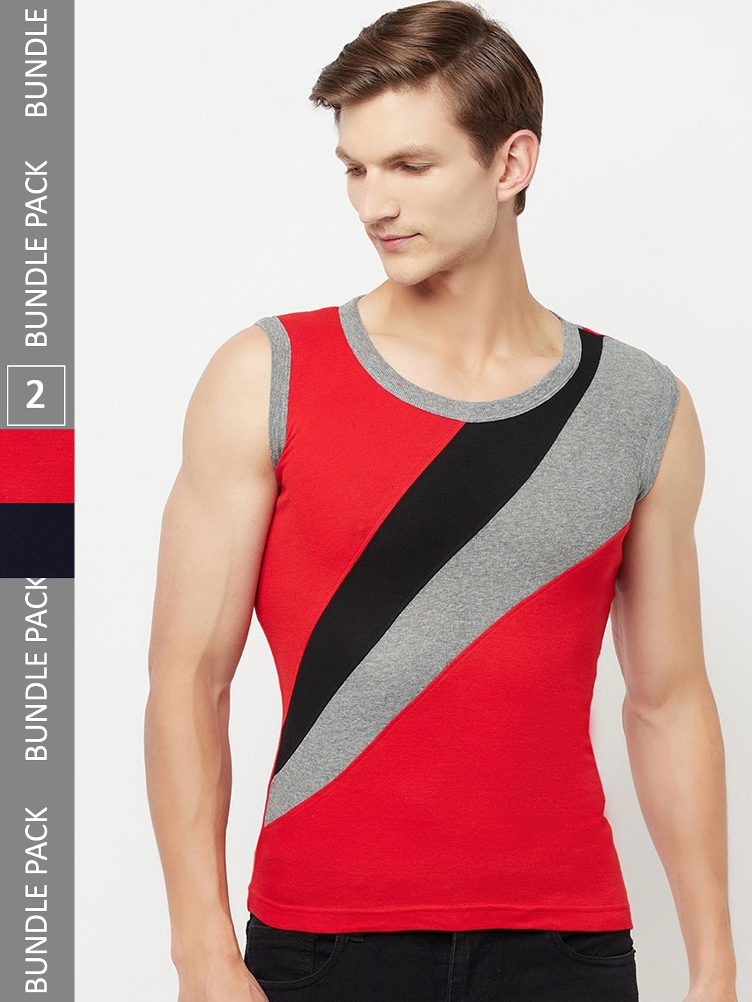 

T.T. Titanic Designer Pack Of 2 Colourblocked Pure Cotton Gym Vests, Black