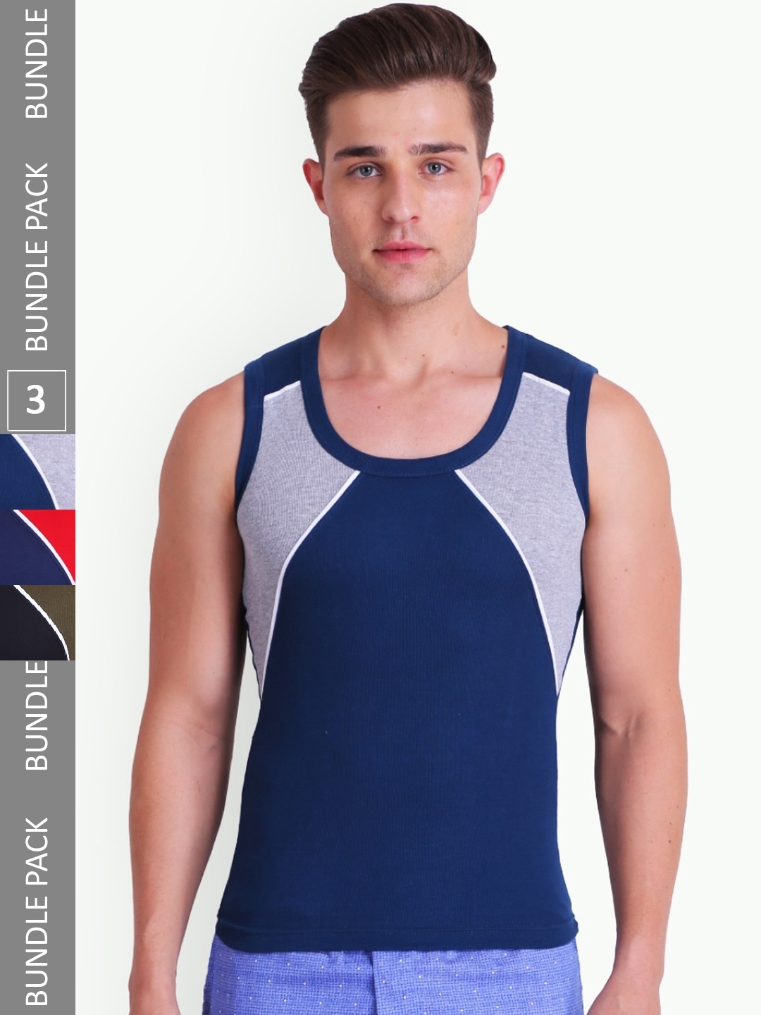 

T.T. Titanic Designer Pack Of 3 Colourblocked Pure Cotton Gym Vests, Blue
