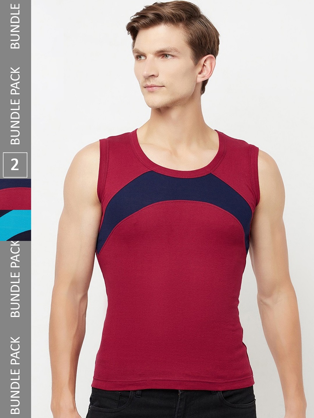 

T.T. Titanic Designer Pack Of 2 Colourblocked Pure Cotton Gym Vests, Black