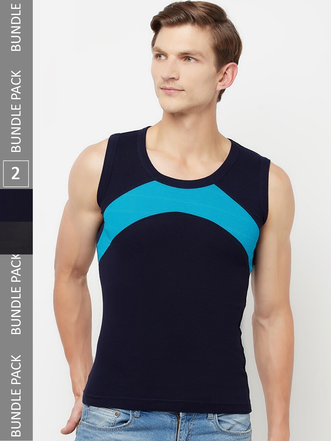 

T.T. Men Pack Of 2 Titanic Designer Pure Cotton Colourblocked Gym Vests, Navy blue