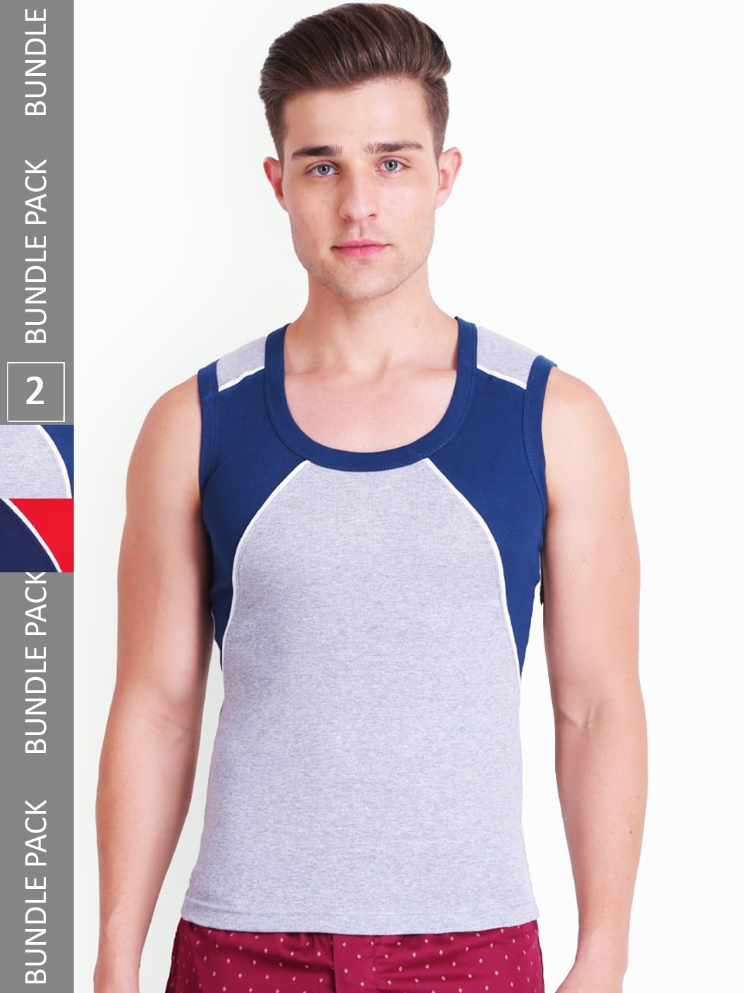 

T.T. Titanic Designer Pack Of 2 Colourblocked Pure Cotton Gym Vests, Navy blue